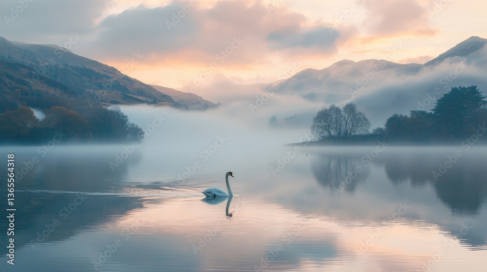 Serene lake scene with a swan gliding through misty waters and mountains in the background.
