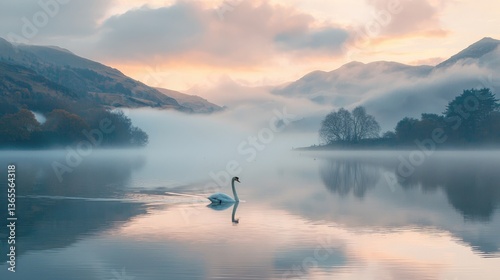 Obraz na płótnie Serene lake scene with a swan gliding through misty waters and mountains in the background. w salonie