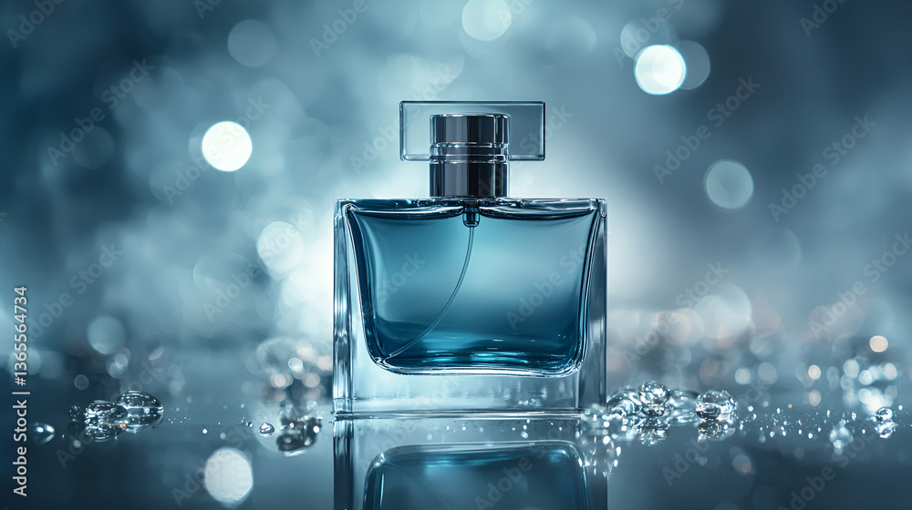 Modern Perfume Bottle with Blank Label on Reflective Surface Modern Perfume Bottle with Blank Label on Reflective Surface
