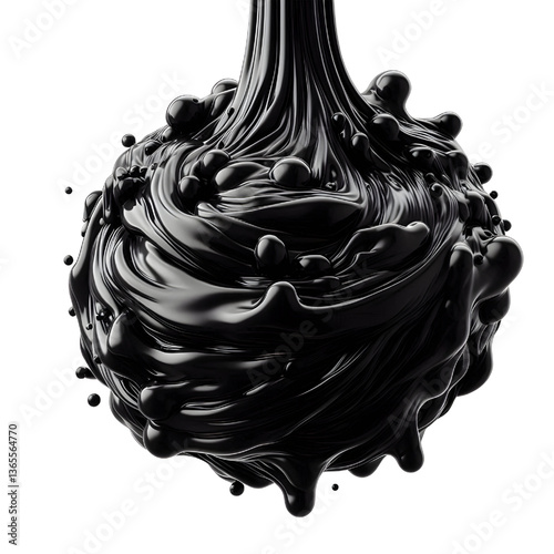3D Black molten liquid flowing isolated on white background