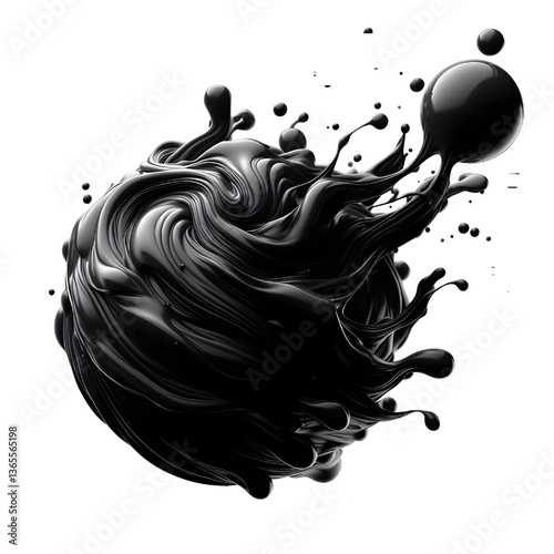 3D Black molten liquid flowing isolated on white background
