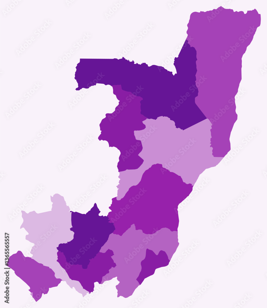 Obraz premium Map of the Republic of the Congo with regions. Just a simple country border map with region division. Purple color palette. Plain Republic of the Congo shape with administrative division.