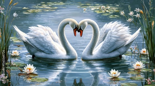 Two swans form a heart shape while swimming amidst lilies in a serene water scene.