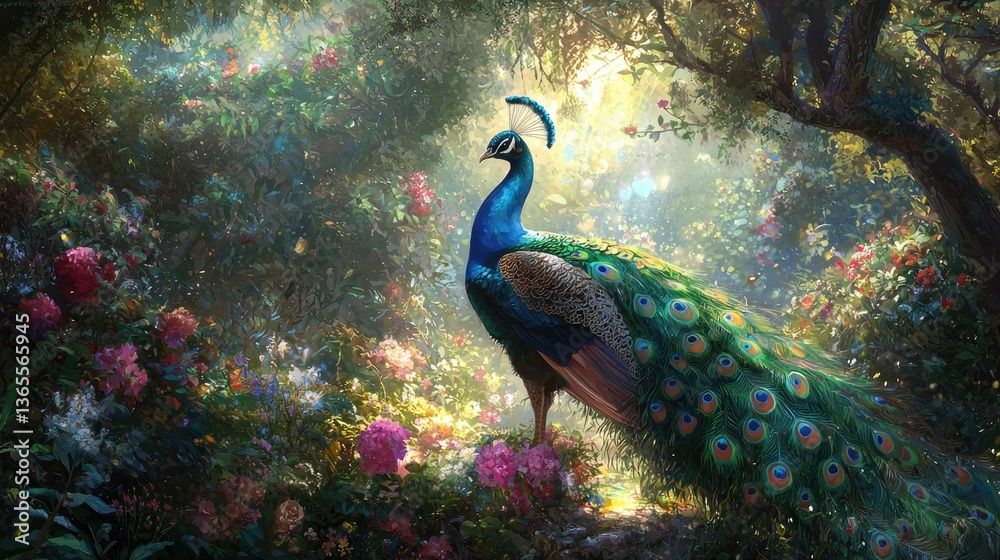 A colorful peacock stands amidst a vibrant, lush garden filled with flowers and soft lighting.