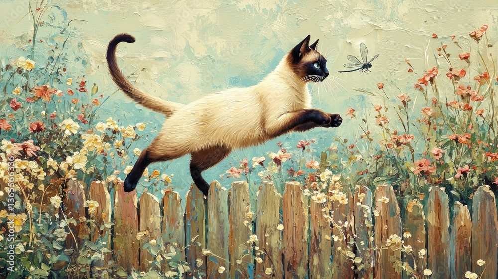 A cat leaps playfully among flowers, showcasing a vibrant, whimsical scene.