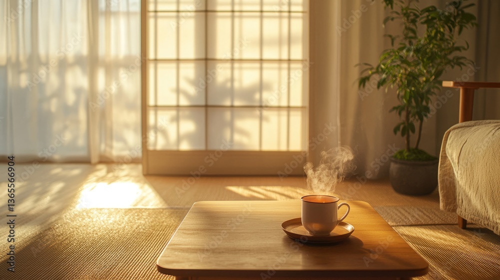 A cozy room bathed in warm sunlight, featuring a steaming cup of tea on a wooden table.