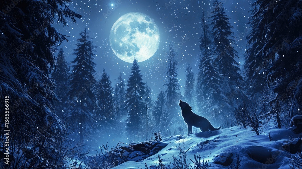 A wolf howls under a bright full moon in a snowy forest landscape.