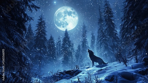 Obraz na płótnie A wolf howls under a bright full moon in a snowy forest landscape. w salonie