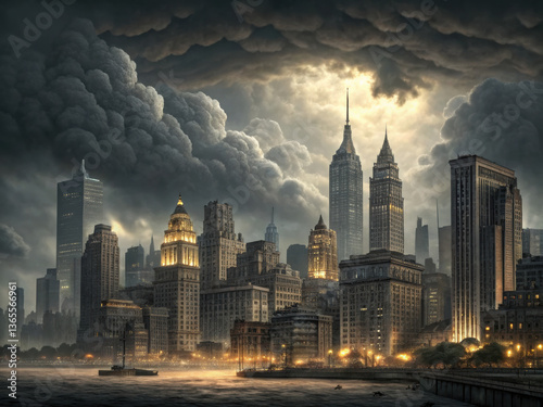 dramatic city skyline thick layer of stratus clouds, showcasing towering buildings and moody atmosphere. scene evokes sense of awe and mystery