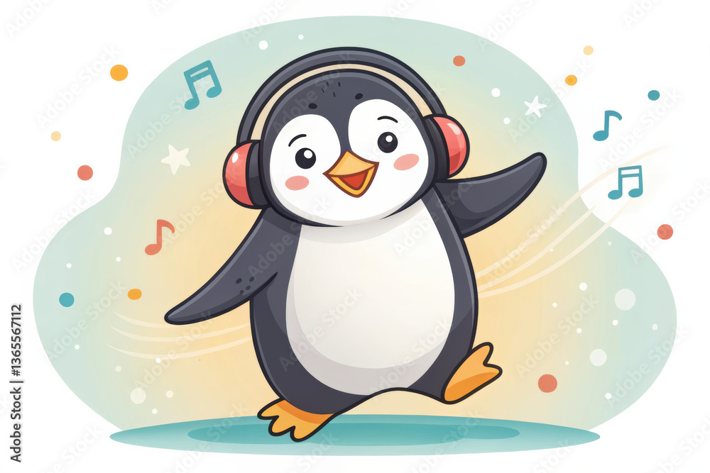 Fototapeta premium Dancing cartoon penguin wearing headphones, joyful and playful, surrounded by musical notes, creating fun atmosphere