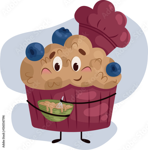 Blueberry cupcake chef kneading dough. Character design