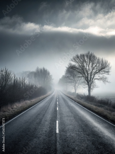 lonely road disappearing into fog, surrounded by trees, creates mysterious and serene atmosphere