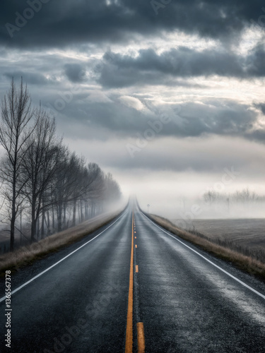 serene road stretches into fog, surrounded by trees under dramatic sky, evoking sense of mystery and solitude