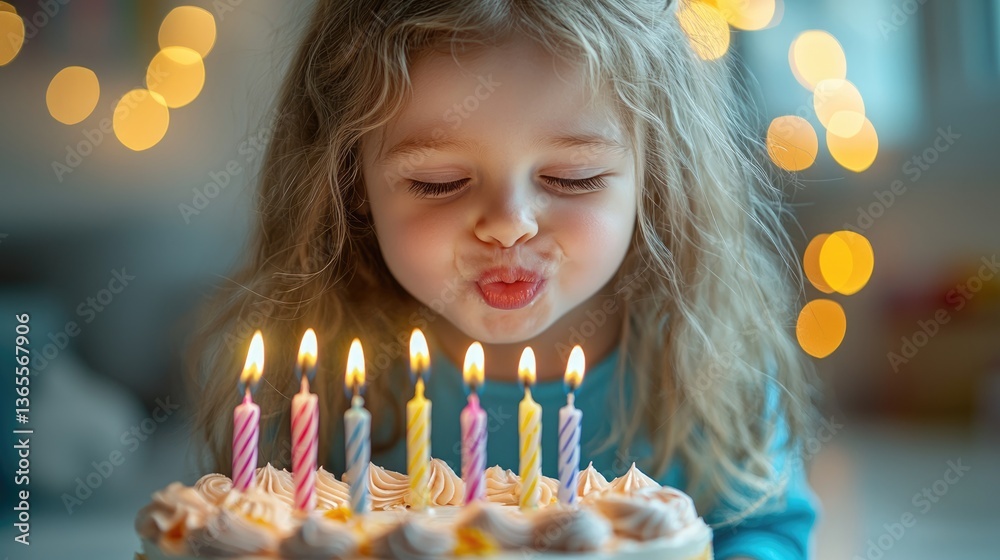 A girl blows out birthday candles on a cake, with festive lights in the background.