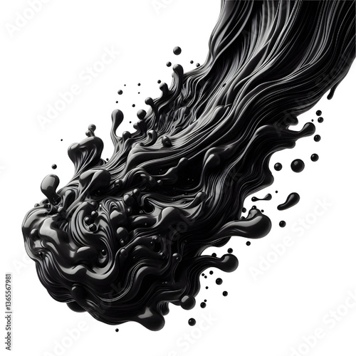 3D Black molten liquid flowing isolated on white background