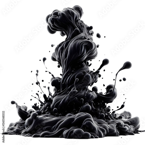 3D Black molten liquid flowing isolated on white background