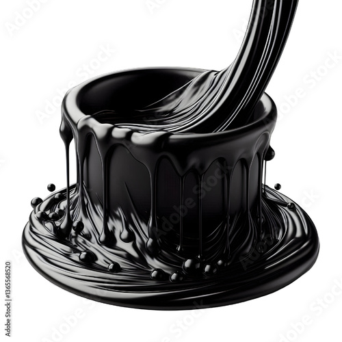 3D Black molten liquid flowing isolated on white background