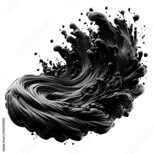 3D Black molten liquid flowing isolated on white background