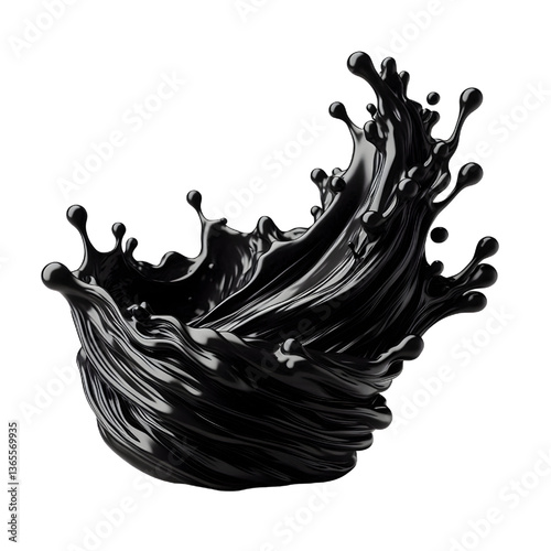 3D Black molten liquid flowing isolated on white background