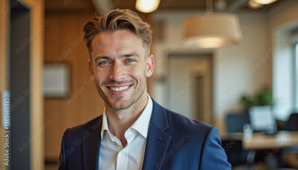 Fototapeta premium A portrait headshot photo of a friendly professional CEO executive business worker: A handsome, fair-skinned man in a navy suit smiles confidently at the camera while seated indoors, likely in an