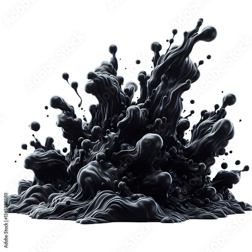 3D Black molten liquid flowing isolated on white background