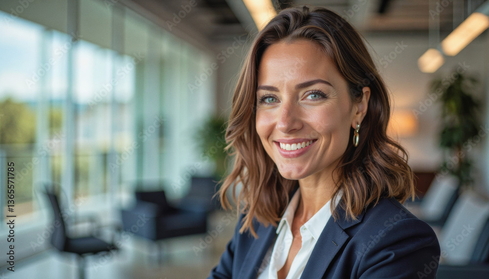 Naklejka premium A portrait headshot photo of a friendly professional CEO executive business worker: A smiling businesswoman with light-brown hair and blue eyes confidently poses in a modern office lobby, wearing