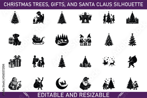 Christmas Silhouettes Trees, Gifts, Santa, Reindeer, Editable Icons