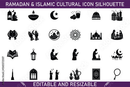 Ramadan Islamic Cultural Icons Silhouette Vector Graphics Set