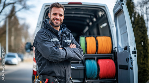 Confident electrician standing proudly next to his van with wide open back doors, showing large spools of colored wiring, toolbox drawers, and safety helmets, ready for the day's w photo