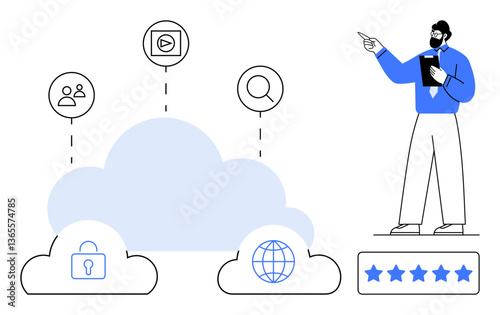 Man presenting data linked to cloud storage, security, global access, media, and search. Ideal for cloud computing, security, data management business technology digital trends innovation. Flat