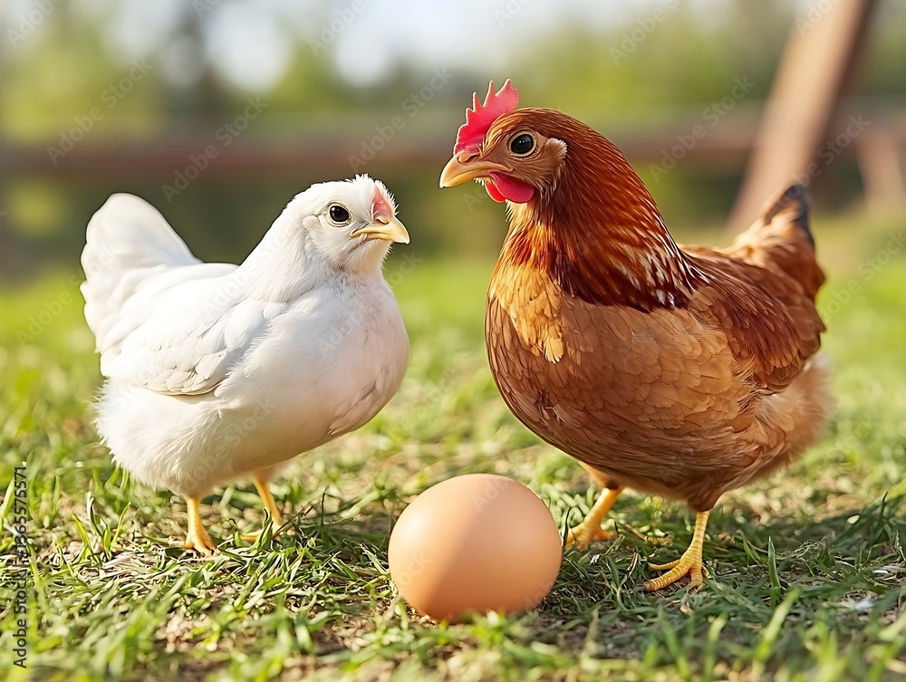 Fototapeta premium Chickens and Egg in Grass