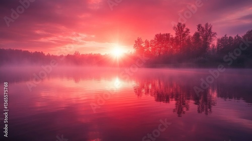 Beautiful red dawn on a lake with sunbeams breaking through the fog