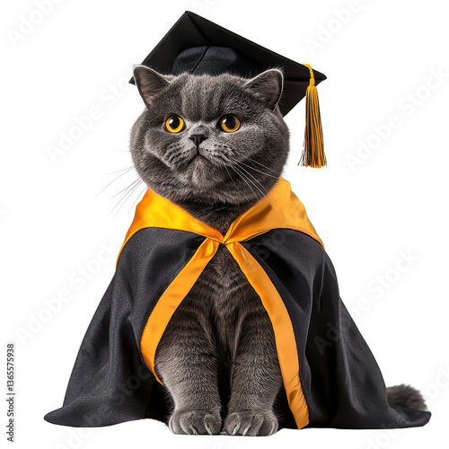 Graduation Cat: A regal grey cat, donning a graduation cap and gown, gazes with an air of scholarly pride, capturing the essence of academic achievement in a charming portrait.