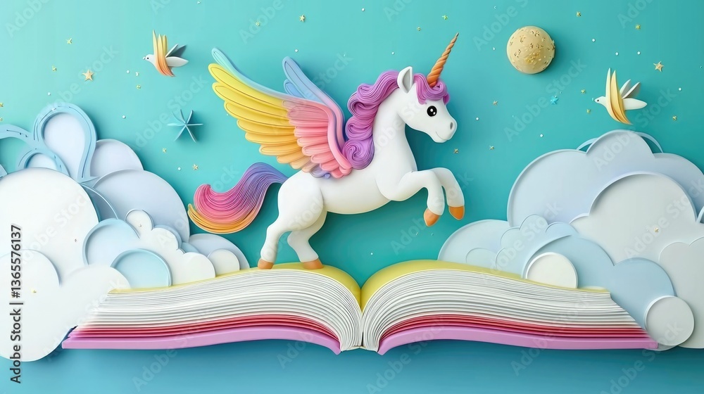 A whimsical unicorn flying above an open book amidst clouds and stars.