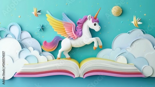Obraz na płótnie A whimsical unicorn flying above an open book amidst clouds and stars. w salonie
