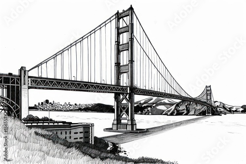 Ink drawing california bridge golden gate bridge landmark.