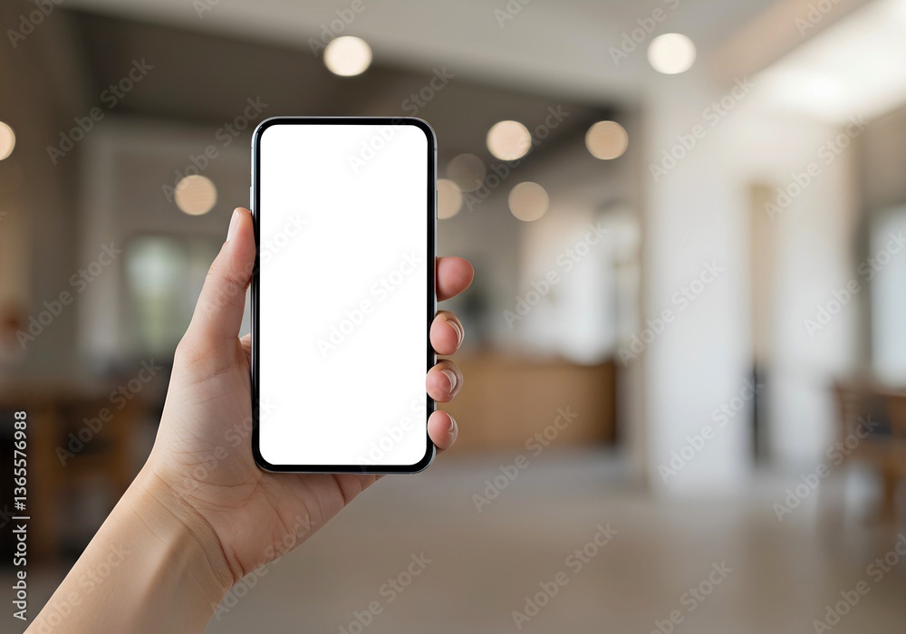 Hand Holding Smartphone with Blank Screen in Modern Interior Hand Holding Smartphone with Blank Screen in Modern Interior