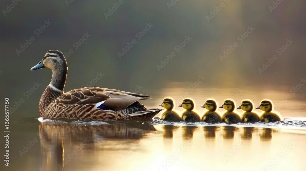 A mother duck leads her ducklings in a serene, reflective water setting.