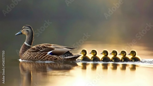 Obraz na płótnie A mother duck leads her ducklings in a serene, reflective water setting. w salonie
