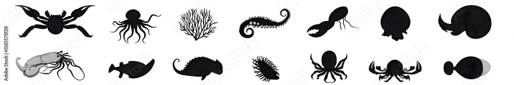 Ocean Wonders: A collection of marine creatures silhouette, creating a dynamic and aesthetically pleasing scene. Ideal for projects related to marine biology, ecology, and environmental awareness. Ocean Wonders: A collection of marine creatures silhouette, creating a dynamic and aesthetically pleasing scene. Ideal for projects related to marine biology, ecology, and environmental awareness.