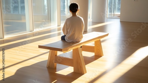 A young Asian girl reflecting quietly on a wooden bench, bathed in warm sunlight, creating a serene and contemplative atmosphere.