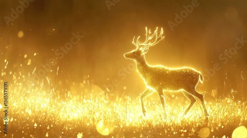 Obraz na płótnie A glowing deer walks through a golden field, capturing a magical moment in nature. w salonie