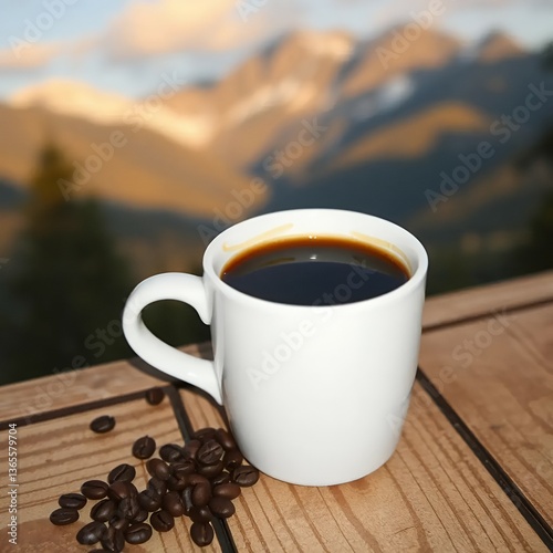 mockup of a white cup of coffee on a mountain coffee shop table