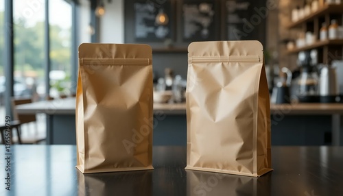 mockup of two coffee packages on a table with a blurred coffee room background