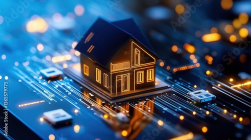 Illuminated Miniature House on Circuit Board A Smart Home Technology Concept