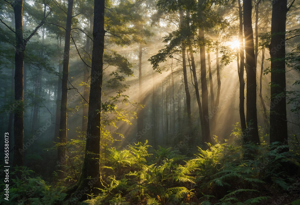 Fototapeta premium dense misty forest with golden morning sunlight filtering through the trees