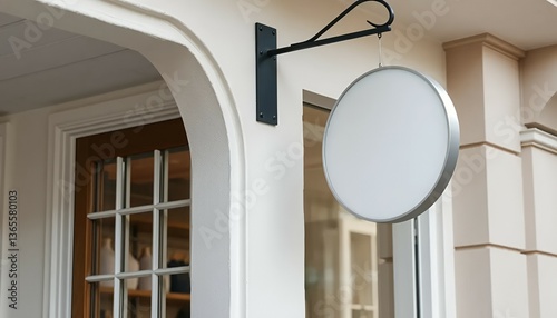 Blank white round sign mounted on the wall of a shopping building.blank shop sign mockup