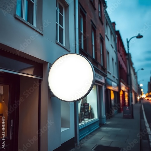 Blank white round sign mounted on the wall of a shopping building.blank shop sign mockup.
