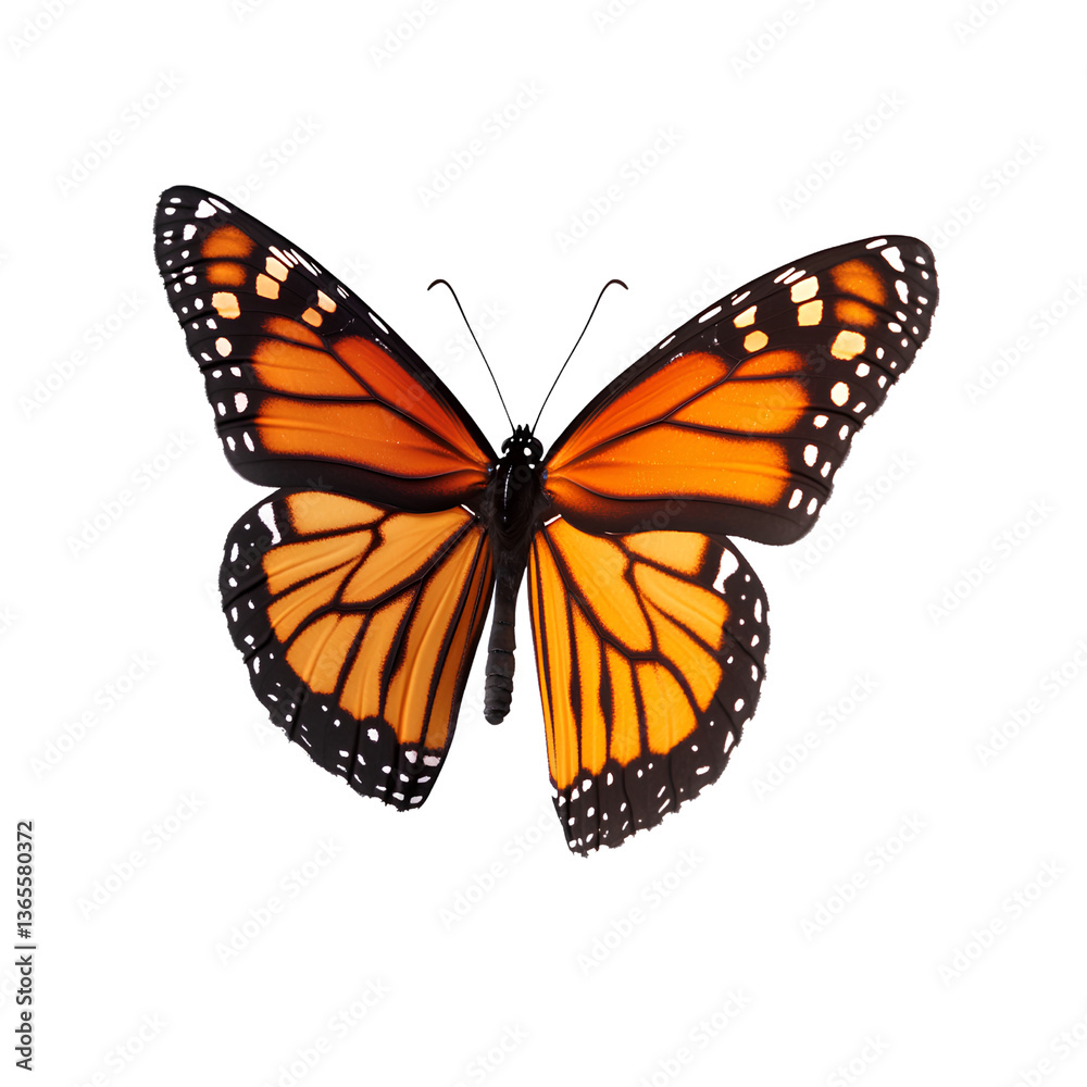 Fototapeta premium A monarch butterfly flying isolated on a transparent background PNG