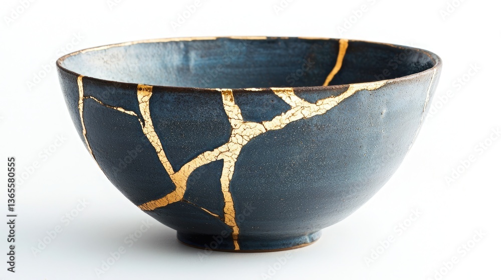 Ceramic bowl with a unique kintsugi design featuring gold accents on a dark background.